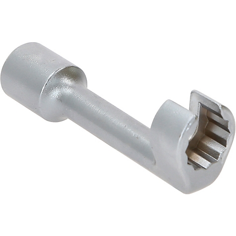 Metall-Spezialschlüssel in Silber; der Schlüssel hat einen zylindrischen Griff, einen geraden Schaft und einen sechseckigen Kopf.